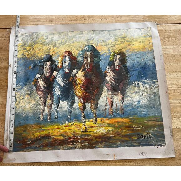 Horse Racing Painting Oil On Canvas Original Signed Davis Vintage Impressionist - Picture 9 of 11
